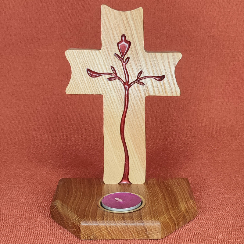 Bougeoir bois ,Croix Religieuse avec résine